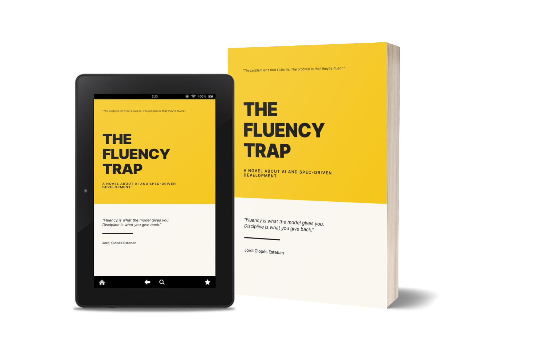 The Fluency Trap — 3D book mockup with companion ereader showing the yellow and black cover